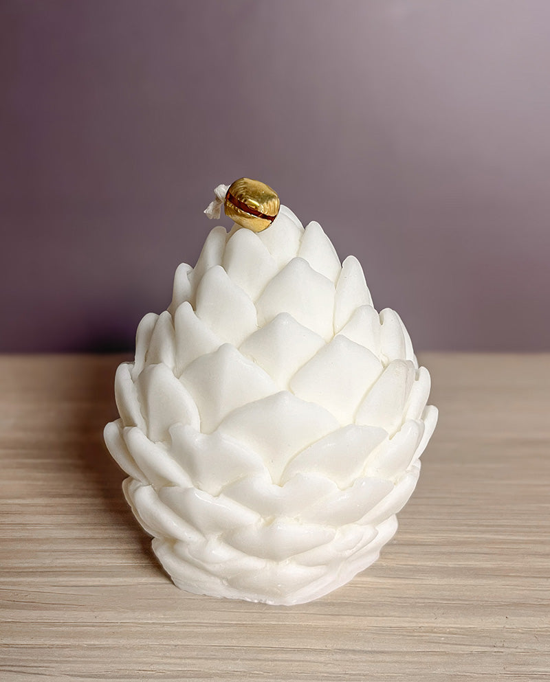 Håndlavet kogle sojalys fotograferet på enkel baggrund – viser det detaljerede og æstetiske design i sojavoks.