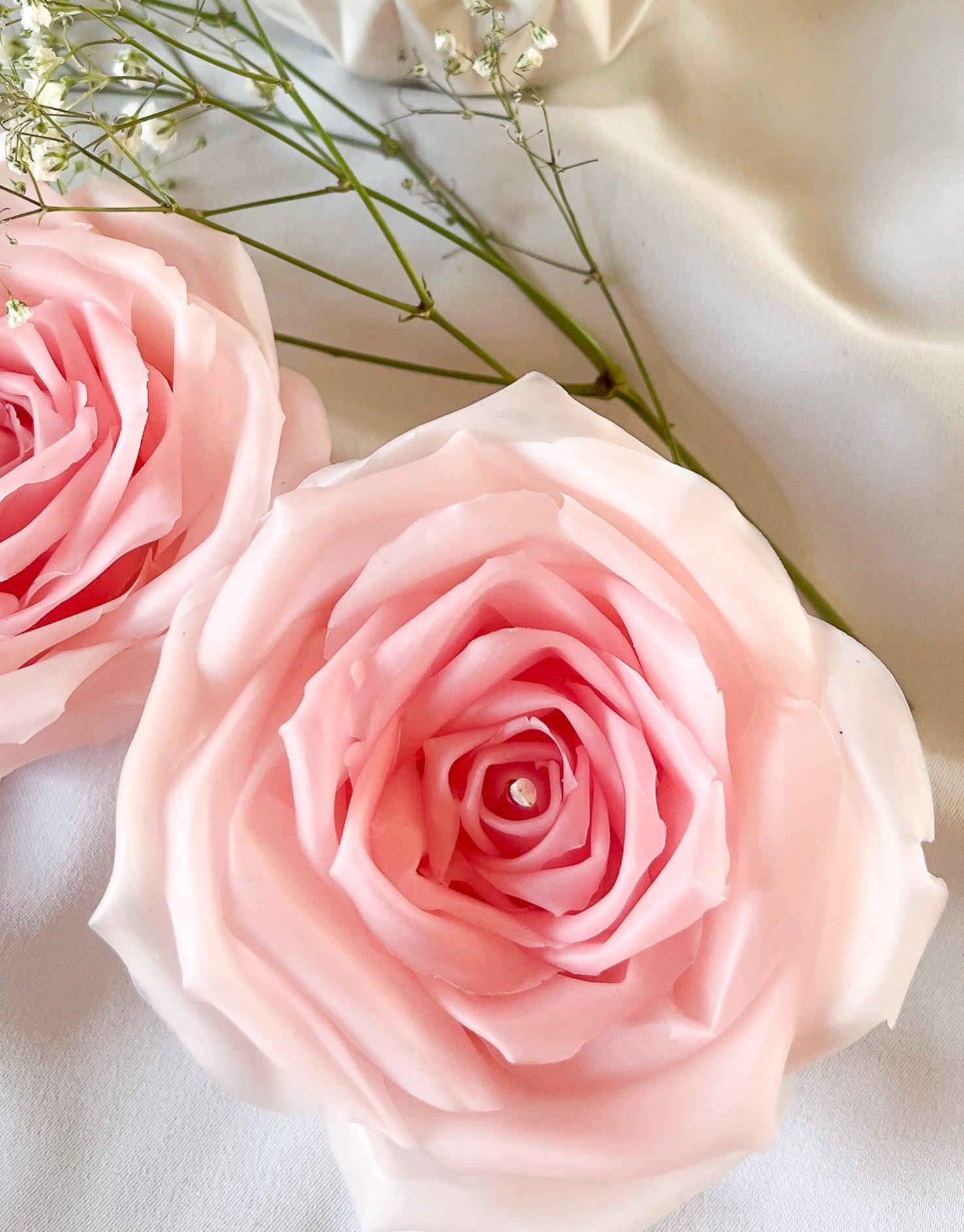 Close up af garden rose i sart pink, smukke blomsterlys af ren bivoks.